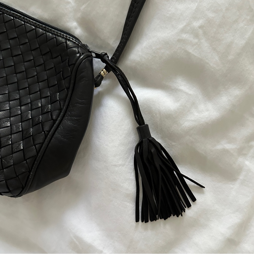 Cosci Vintage Black Woven Leather Crossbody Purse with Tassel